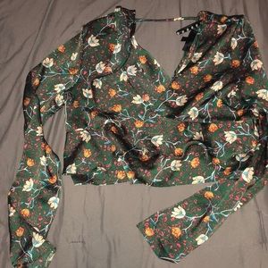 Green Floral Plunge Frill Wrap Crop Top